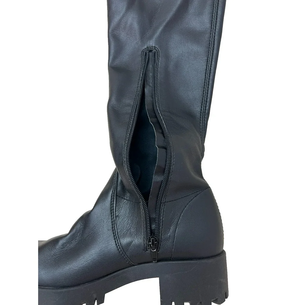 Mercante di Fiori Tall Black Boot Lug Sole Ankle Zip‎ Light Stretch Calf, 38/7.5